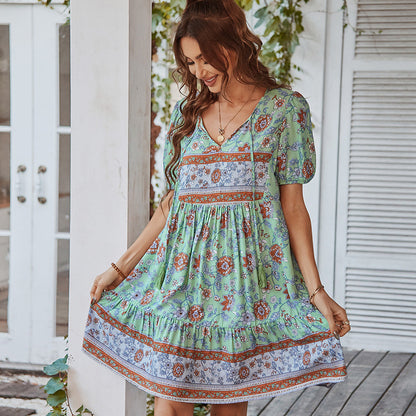 Robe Femme Courte Col en V Manches Bouffantes