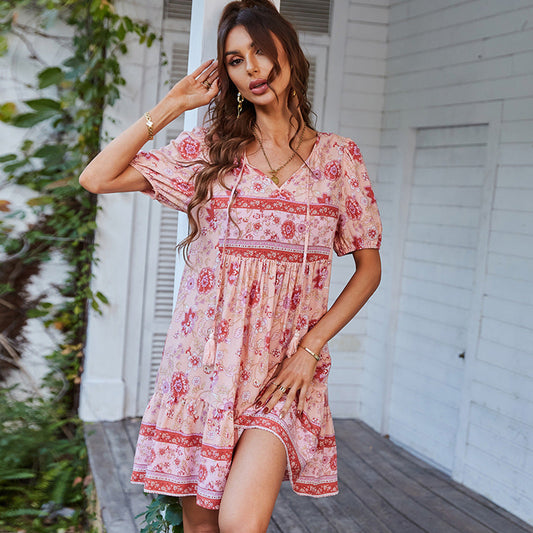 Robe Femme Courte Col en V Manches Bouffantes - PanierRoyale