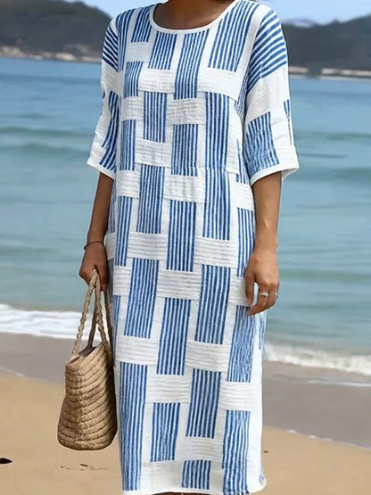 Robe Femme Coton Lin Manches Mi-Longues Coupe Décontractée