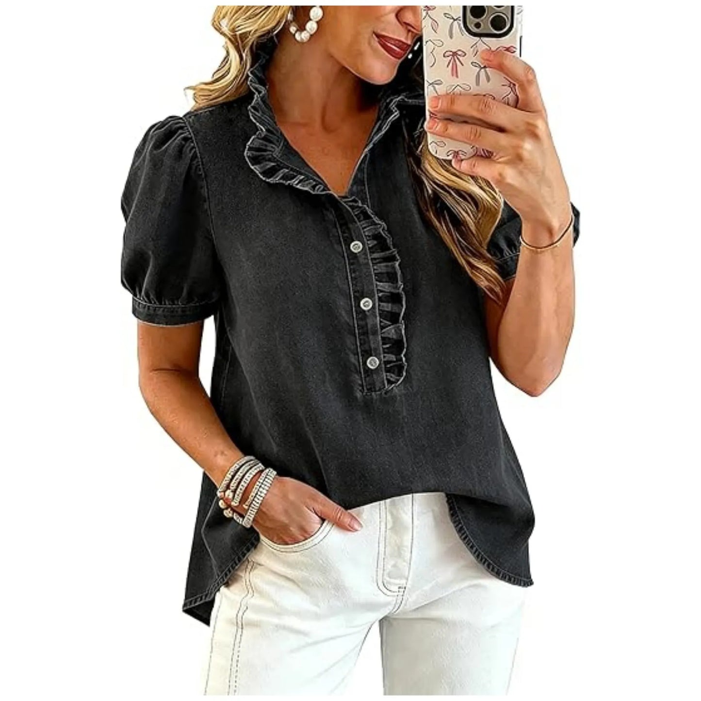 Haut Femme Denim Col Volanté Manches Bouffantes