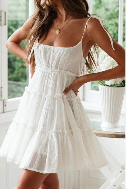 Robe Été Courte Femme en Dentelle avec Bretelles et Volants