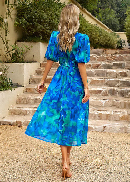 Robe Midi Imprimée Fleurs Vert Bleu, Col V et Manches Bouffantes