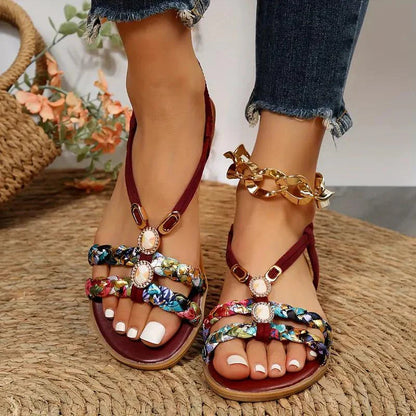 Sandales Femmes Élégantes Fleurs et Strass