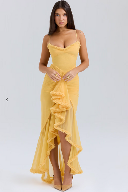 Robe Soirée Jaune Floral Élégante pour Femme - PanierRoyale