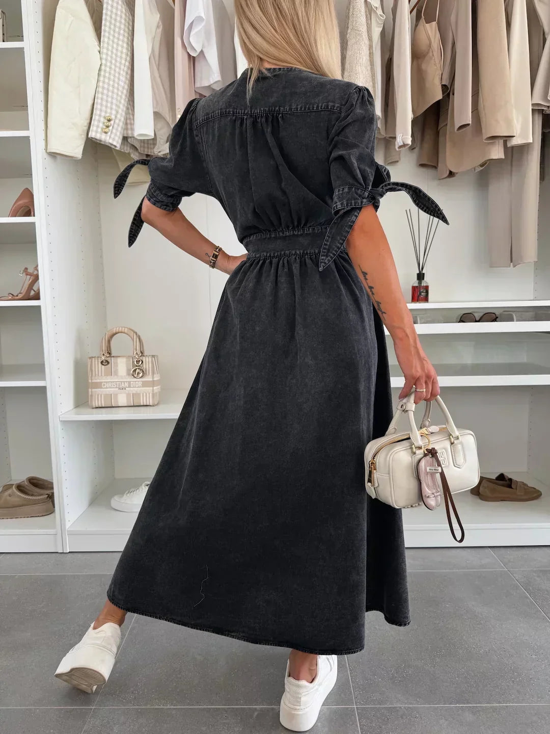 Robe Midi Femme en Jean Boutonnée Col V Manches Longues