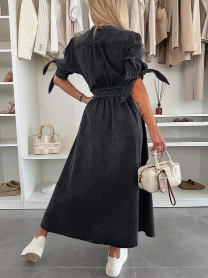 Robe Midi Femme en Jean Boutonnée Col V Manches Longues