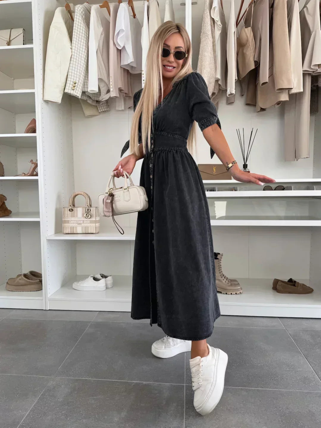 Robe Midi Femme en Jean Boutonnée Col V Manches Longues