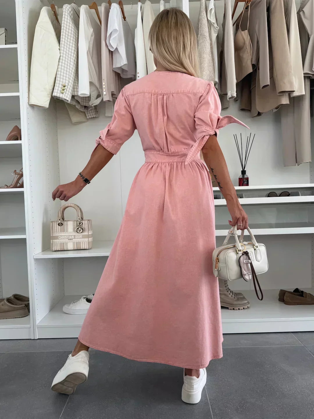 Robe Midi Femme en Jean Boutonnée Col V Manches Longues