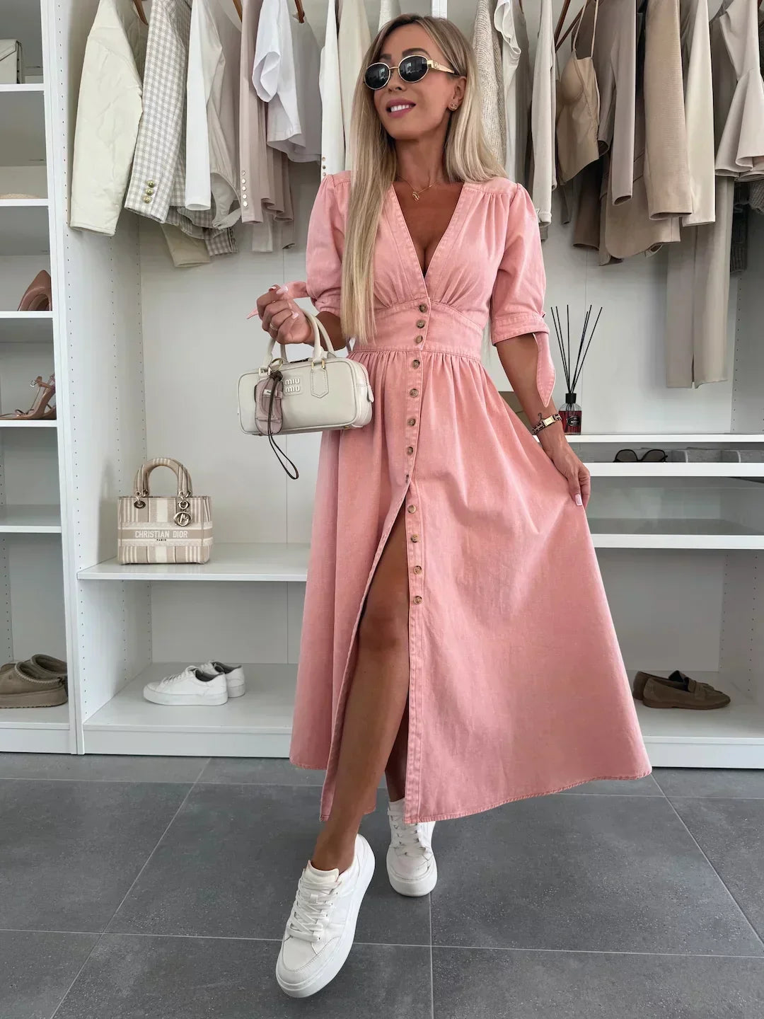 Robe Midi Femme en Jean Boutonnée Col V Manches Longues - PanierRoyale