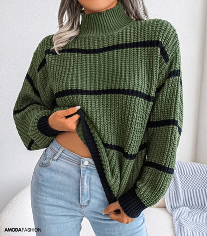 Pull en Maille Rayée pour Femme au Col Roulé Confortable