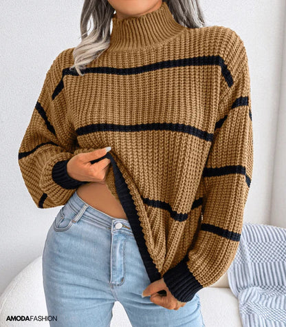Pull en Maille Rayée pour Femme au Col Roulé Confortable