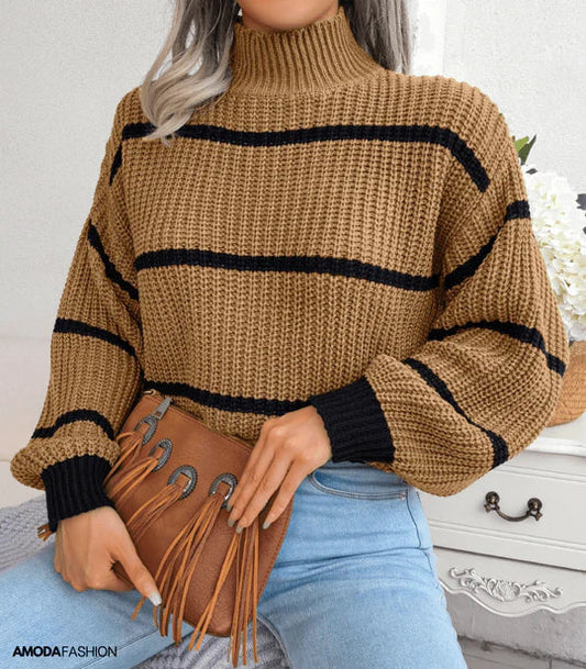 Pull en Maille Rayée pour Femme au Col Roulé Confortable - PanierRoyale