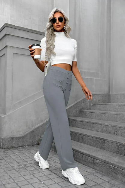 Pantalon Femme Noir Élégant à Boutons de Luxe - PanierRoyale