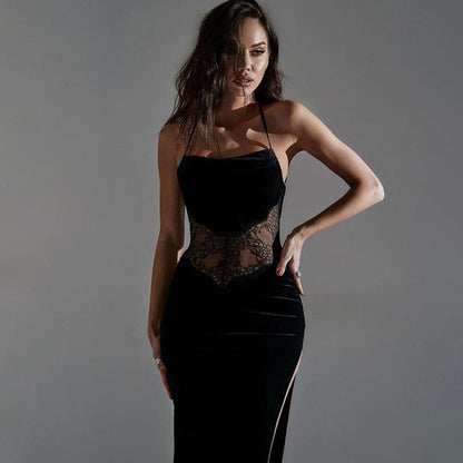 VeraElegance™ – Robe Longue Femme Dos Nu en Velours et Dentelle Élégante-2