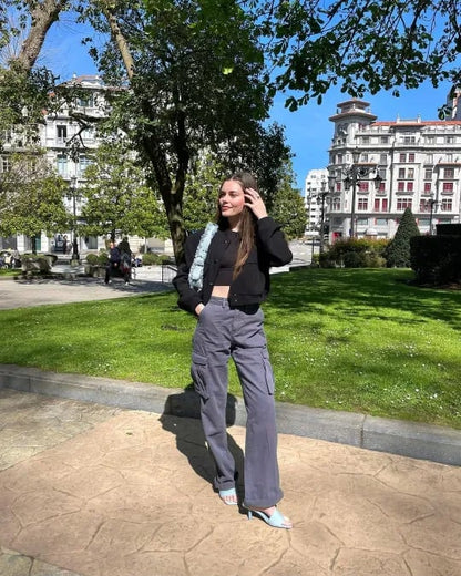 Pantalon Cargo Femme Haute Taille avec Poches Latérales