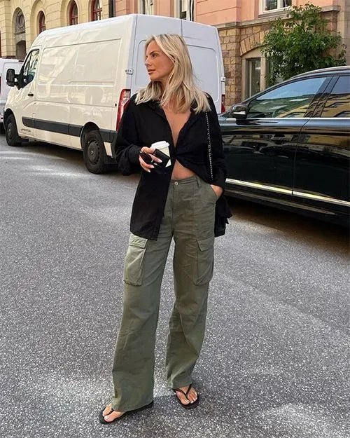 Pantalon Cargo Femme Haute Taille avec Poches Latérales