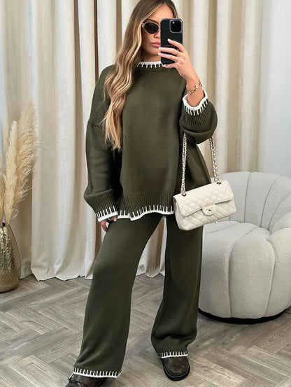 Tenue Hiver Femme : Pull et Pantalon Chauds en Olive avec Sac Beige - PanierRoyale