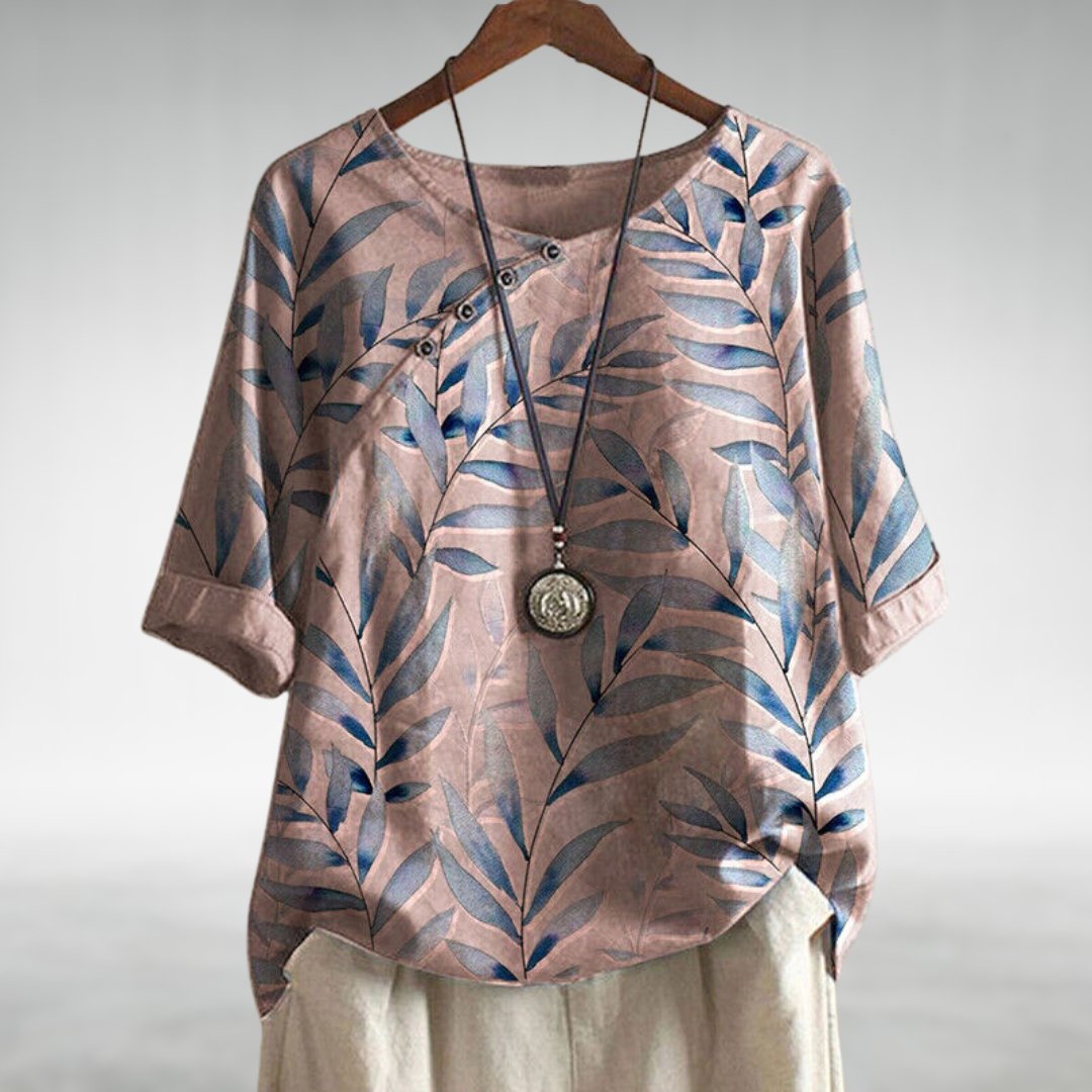 Blouse Décontractée à Imprimé Feuille et Boutons pour Femme