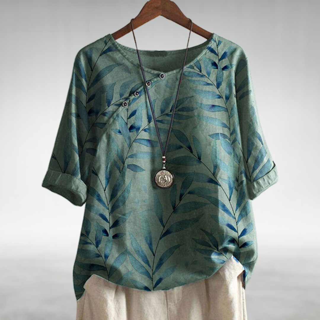Blouse Décontractée à Imprimé Feuille et Boutons pour Femme