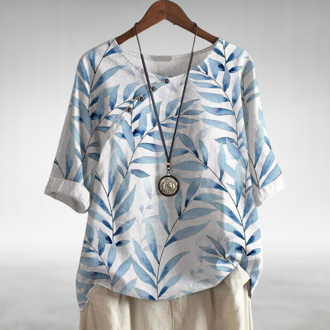 Blouse Décontractée à Imprimé Feuille et Boutons pour Femme