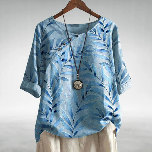 Blouse Décontractée à Imprimé Feuille et Boutons pour Femme - BerlinGlamour