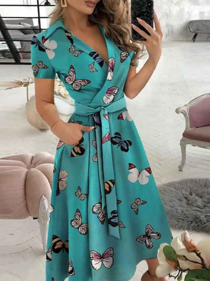 Robe Femme Chic avec Ceinture et Manches Courtes pour Travail ou Loisirs