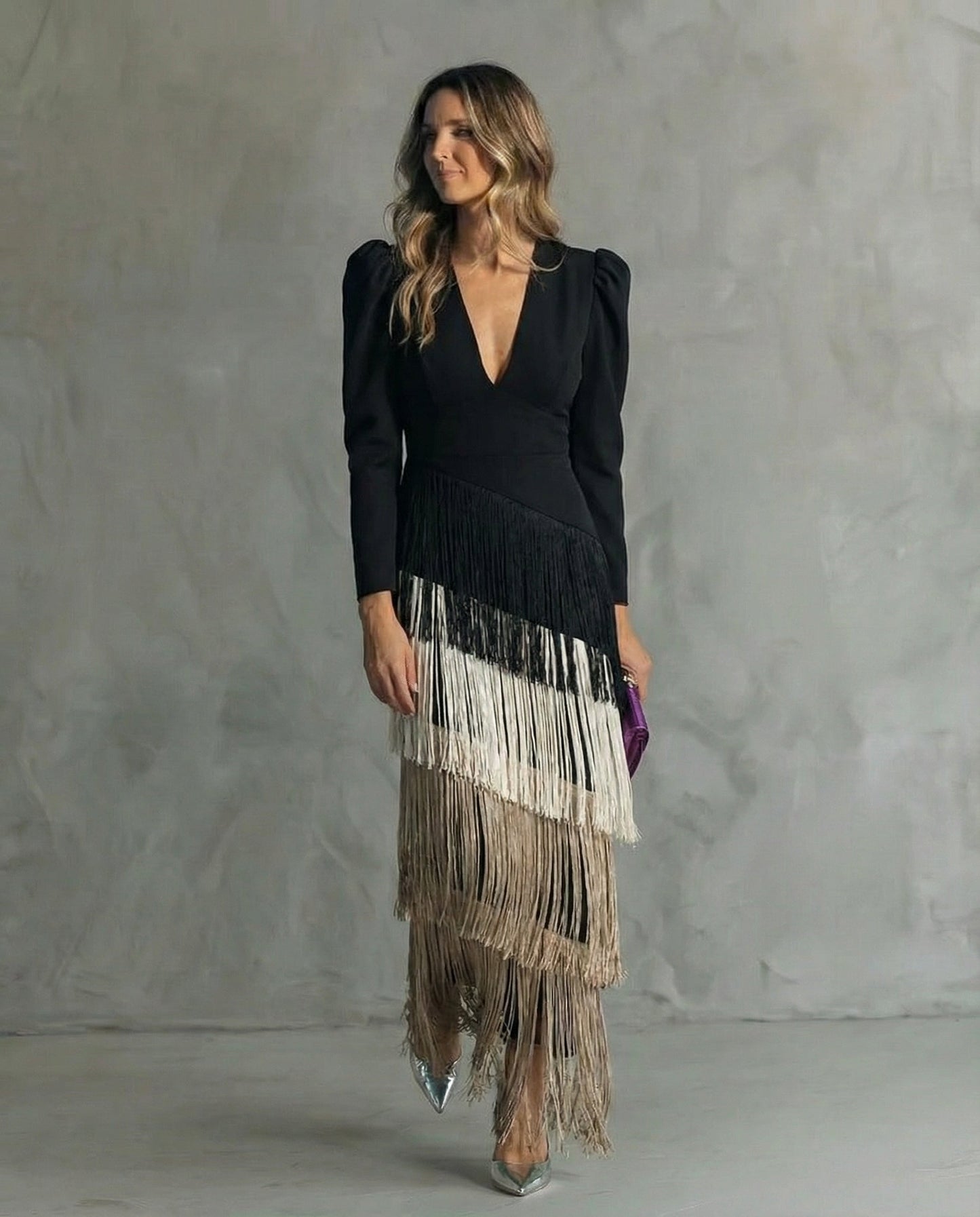 Robe Midi Femme Coupe Fluide Franges Moderne