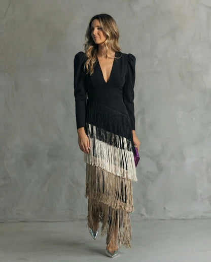 Robe Midi Femme Coupe Fluide Franges Moderne