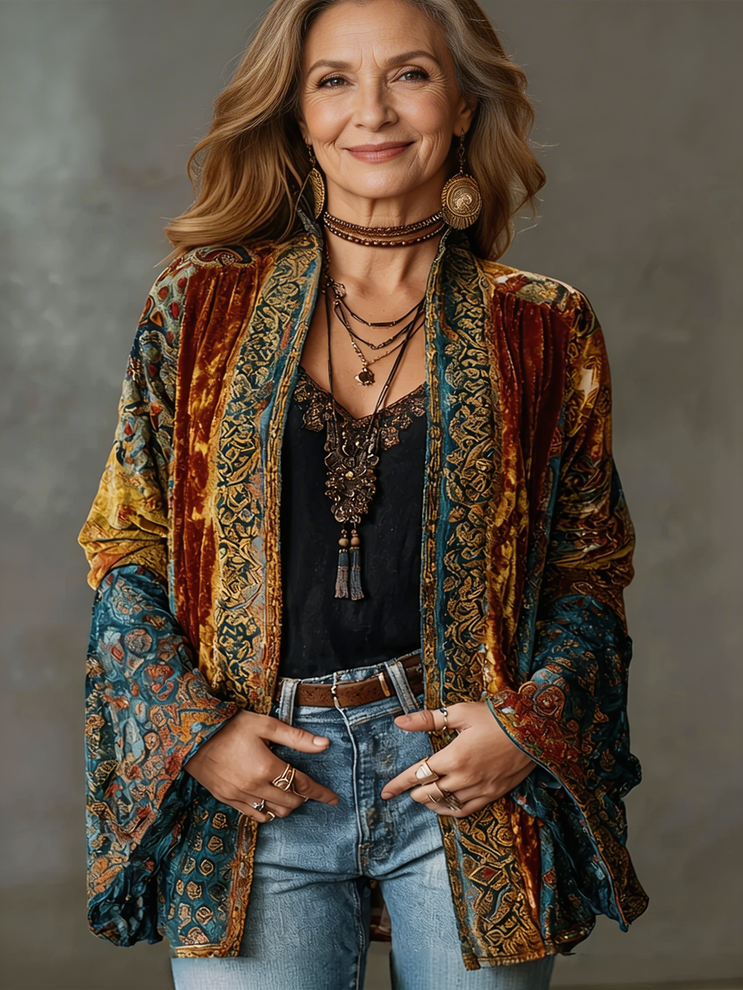 Veste Kimono Fluide Motifs Artistiques Coupe Ample
