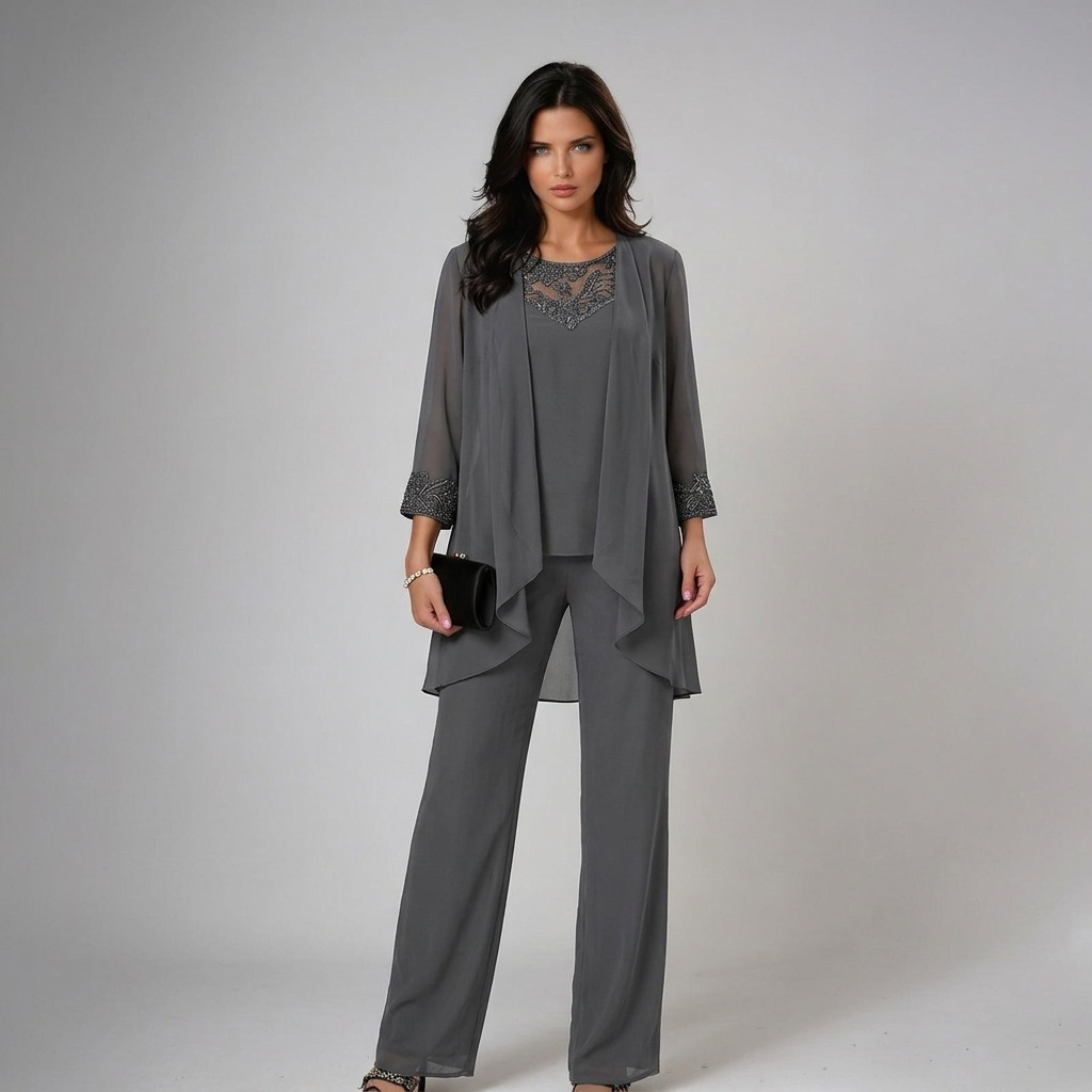 Ensemble Trois Pièces Femme Pantalon Coupe Ajustée Chic