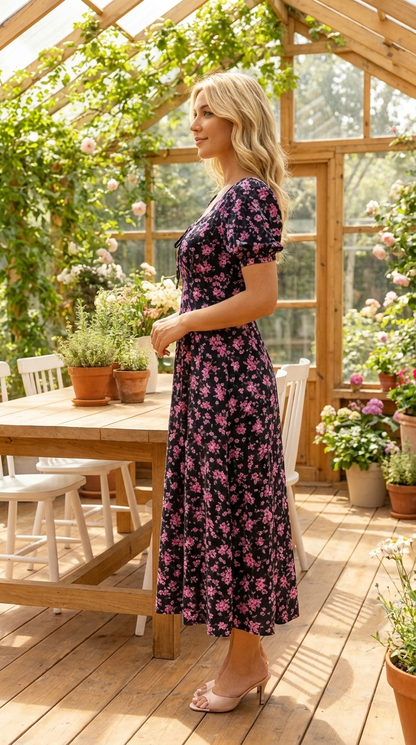 Robe midi Femme Imprimé Floral Manches Bouffantes
