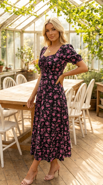 Robe midi Femme Imprimé Floral Manches Bouffantes