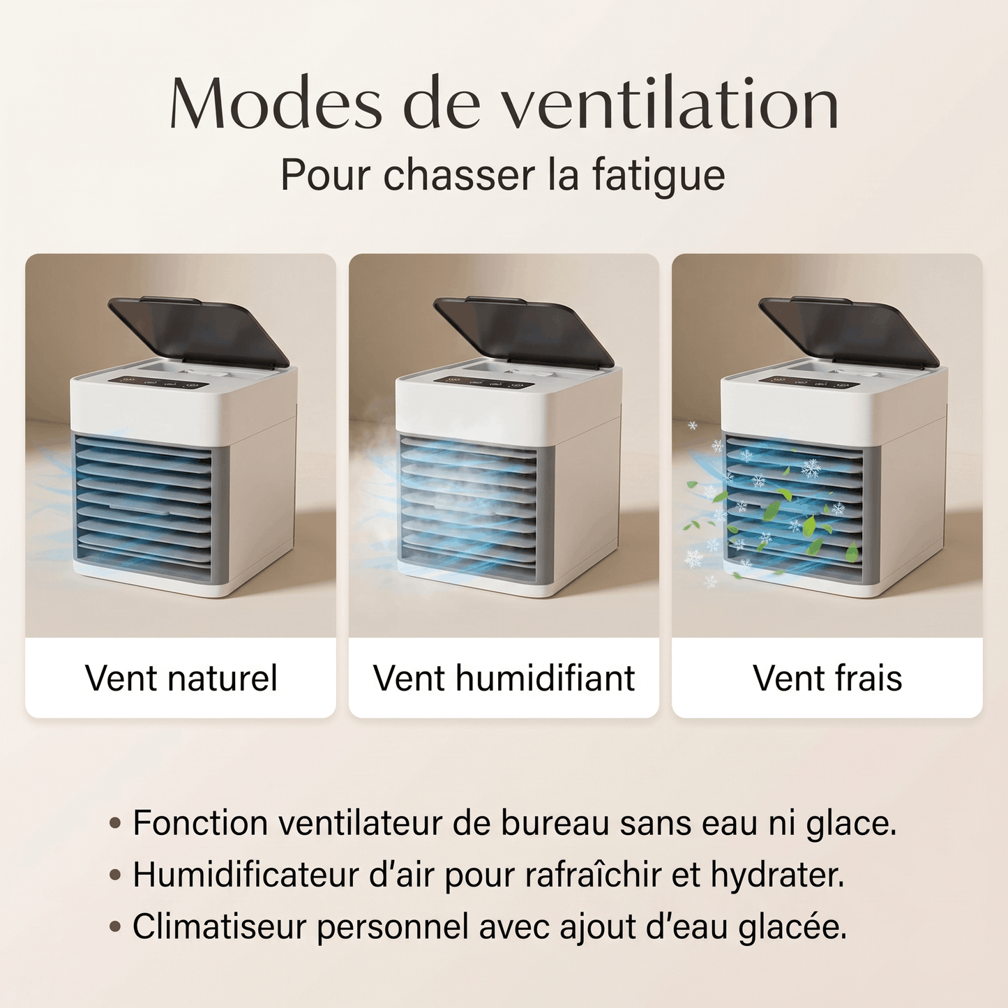 Mini Climatiseur d'Air Portable 3-en-1 – Ventilateur, Rafraîchisseur & Humidificateur