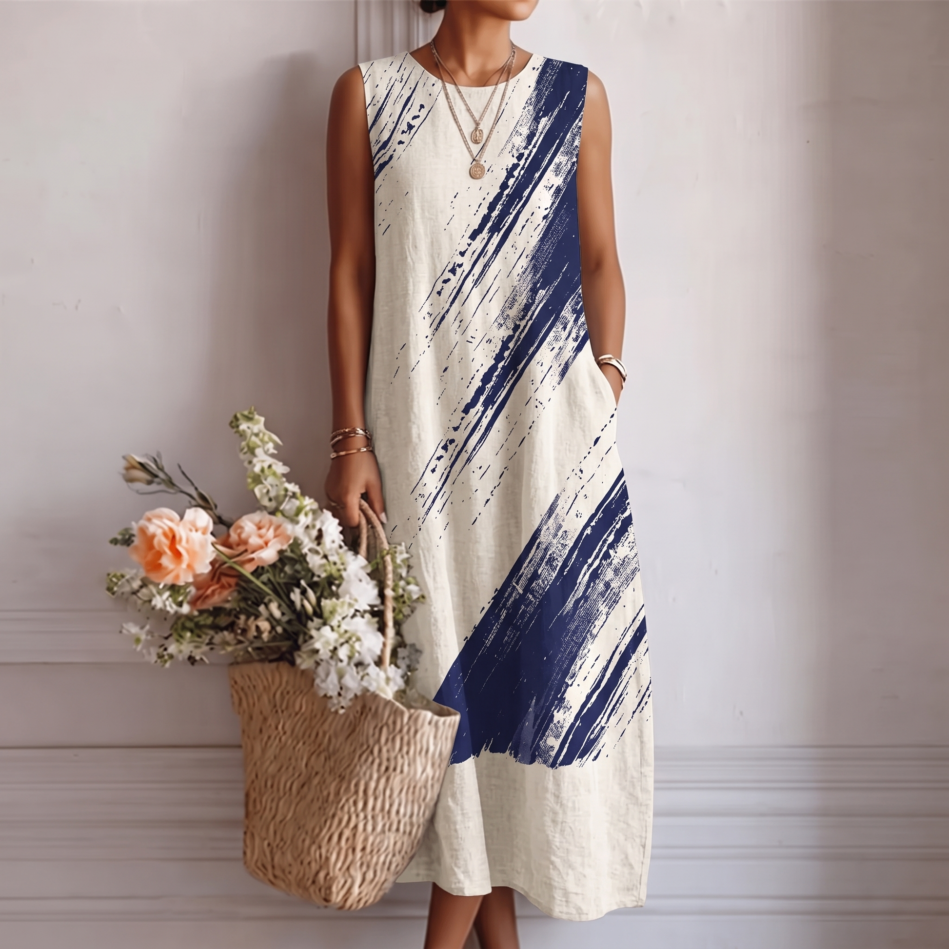 Robe midi Femme Sans Manches Coupe Droite Imprimé Graphique - PanierRoyale