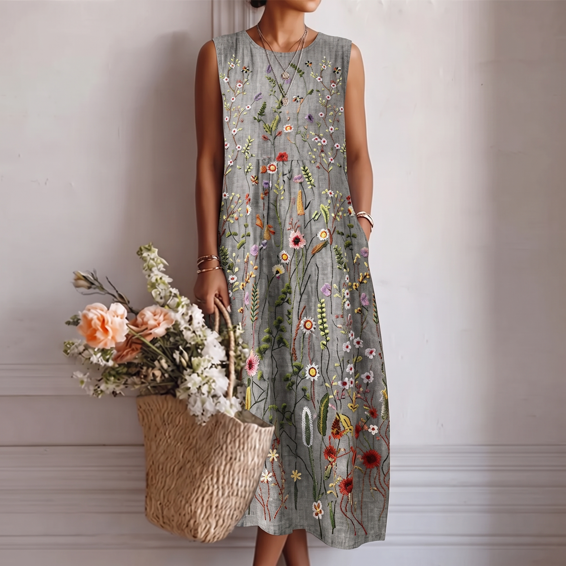 Robe midi Femme Broderie Florale Sans Manches Poches - PanierRoyale