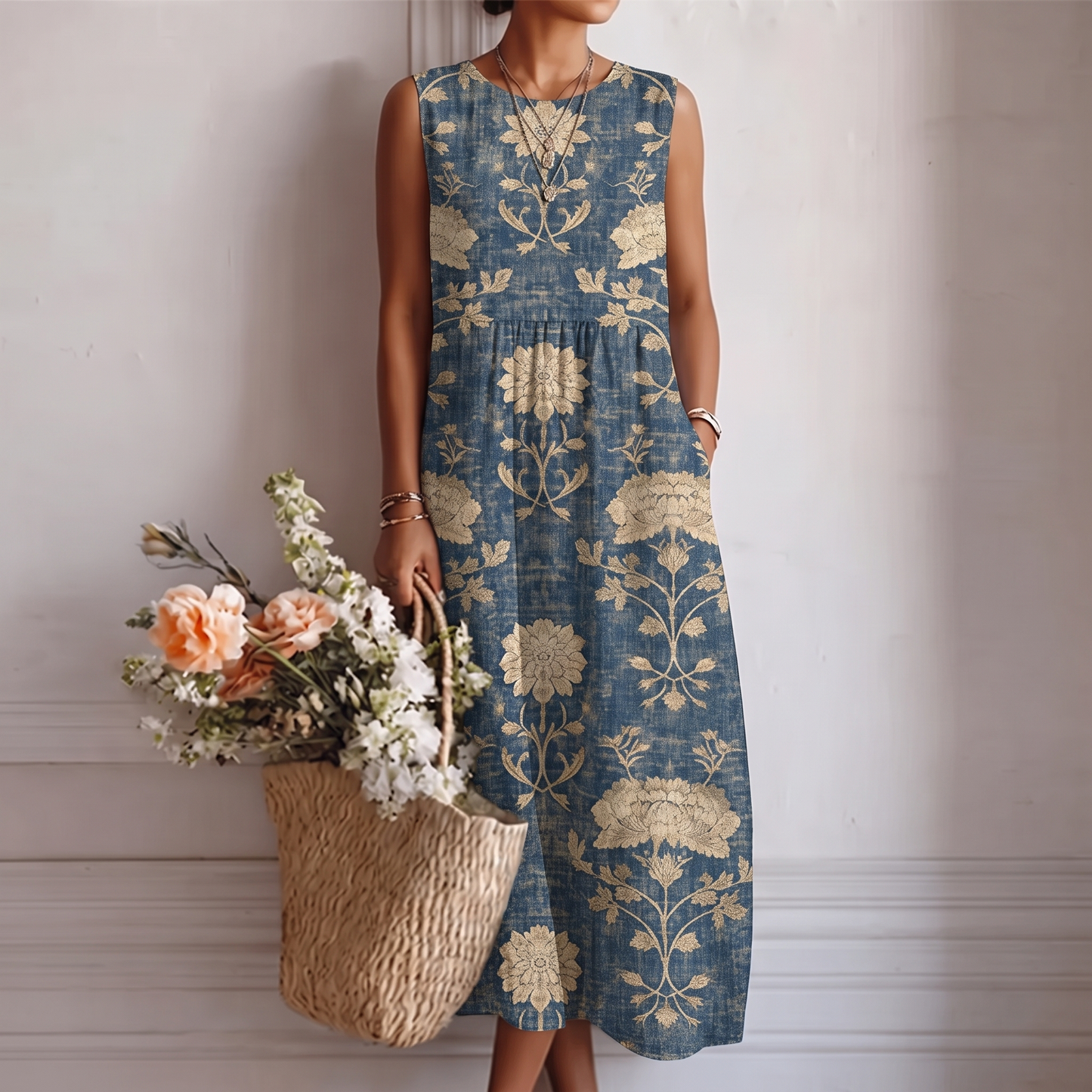 Robe midi Femme Sans Manches Col Rond Fluide - PanierRoyale