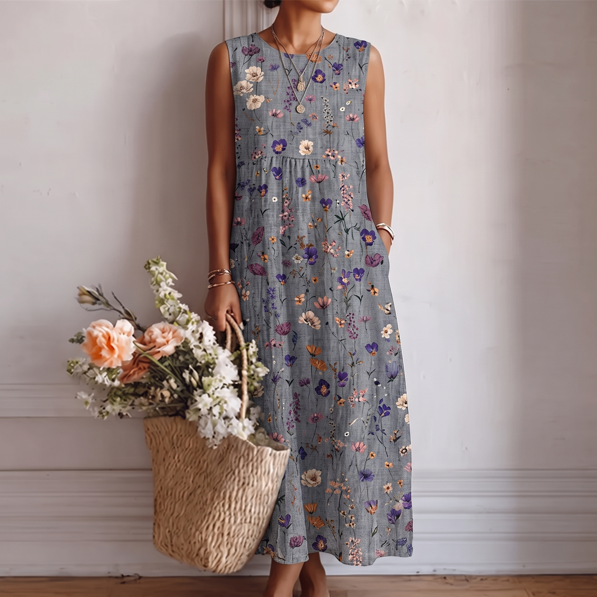 Robe midi Femme Sans Manches Poches Coupe Fluide - PanierRoyale