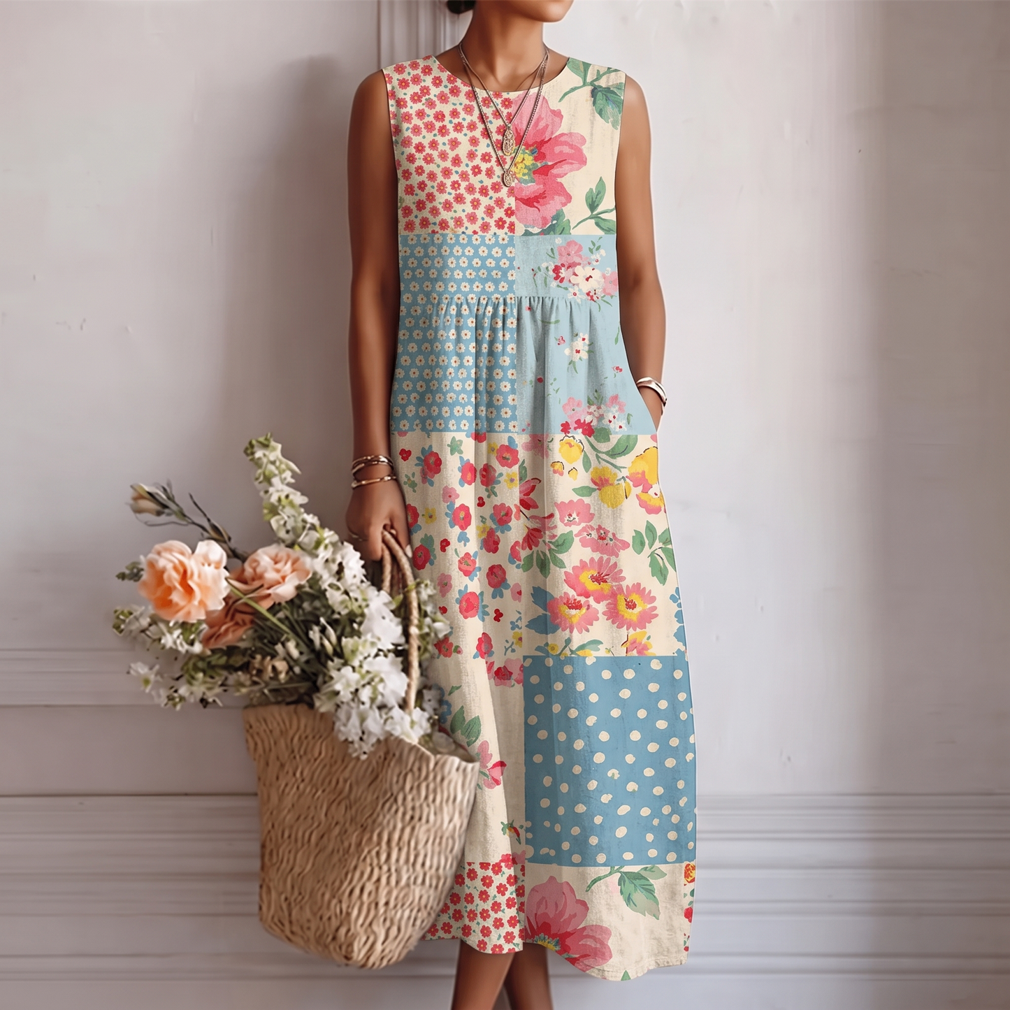Robe midi Femme Coton Viscose Sans Manches Patchwork - PanierRoyale
