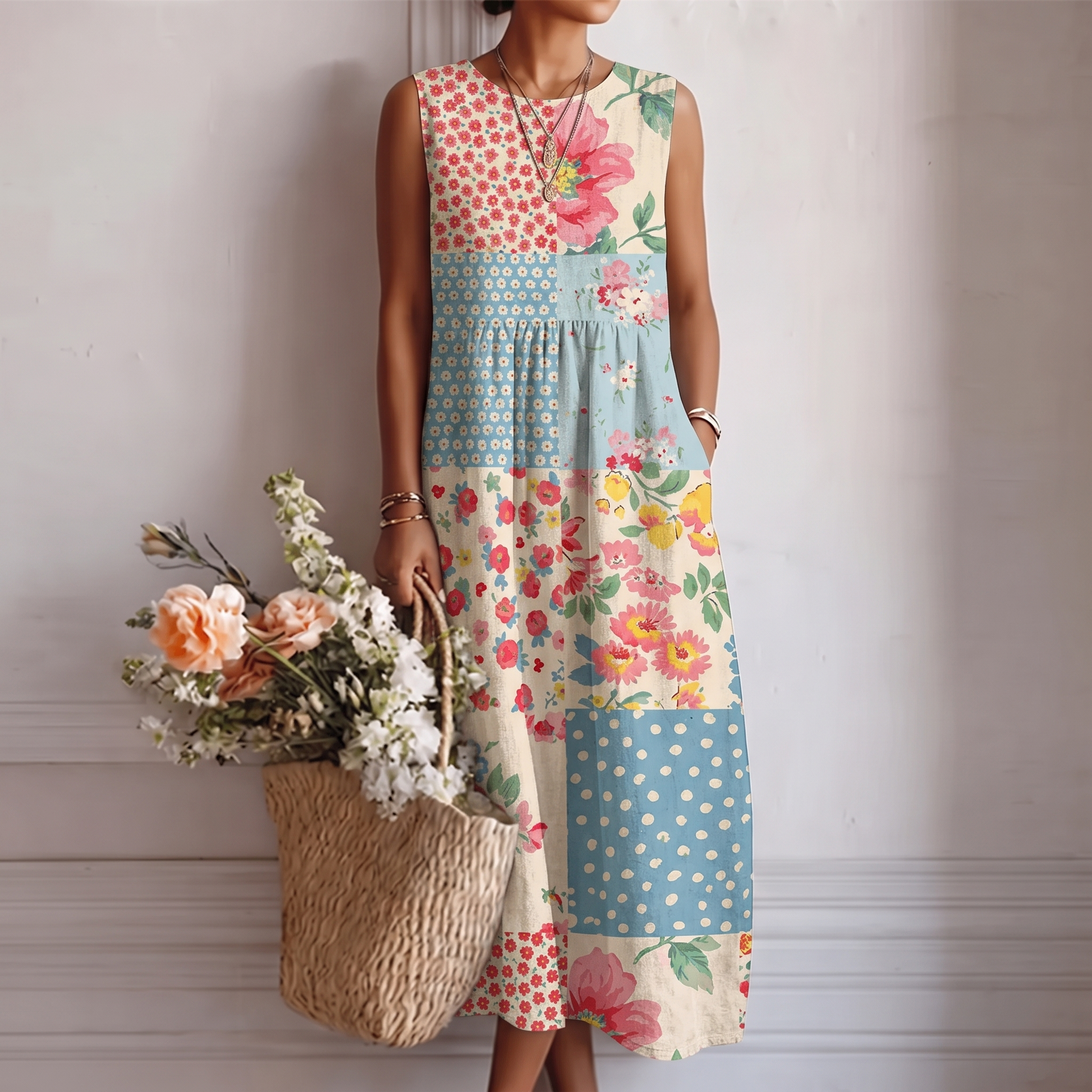 Robe midi Femme Coton Viscose Sans Manches Patchwork - PanierRoyale