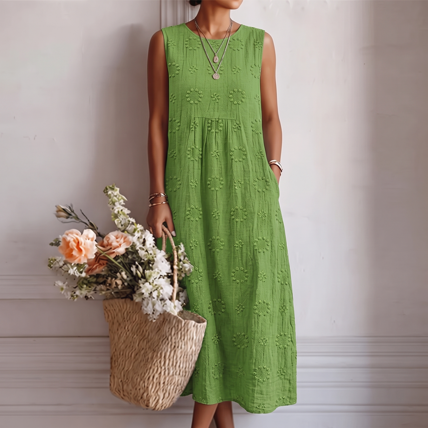 Robe midi Femme Coton Viscose Brodée Sans Manches - PanierRoyale
