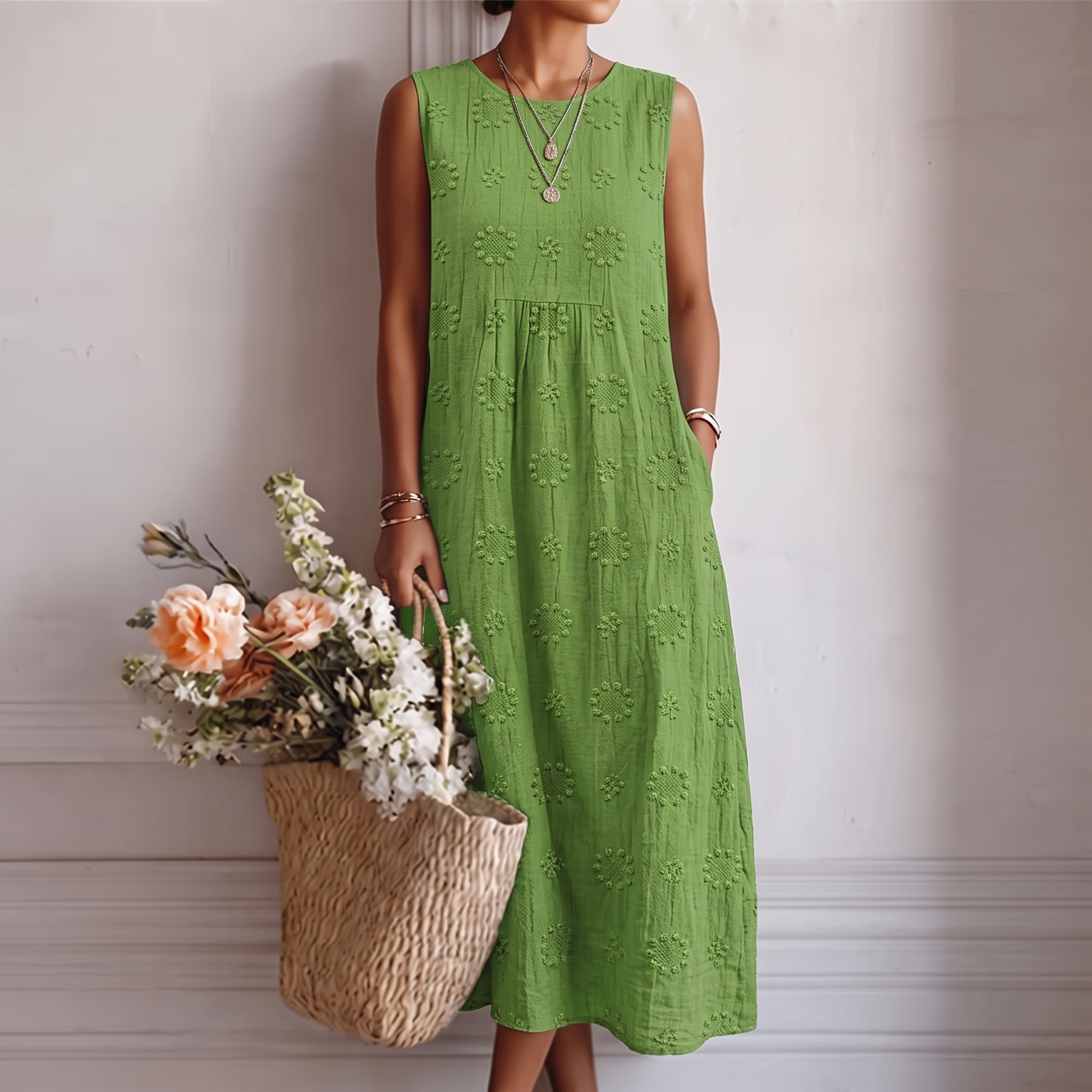Robe midi Femme Coton Viscose Brodée Sans Manches - PanierRoyale