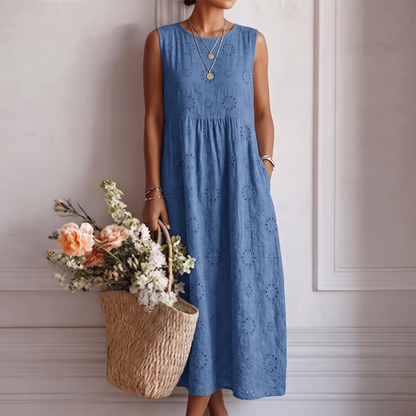 Robe midi Femme Coton Viscose Sans Manches Ajourée - PanierRoyale