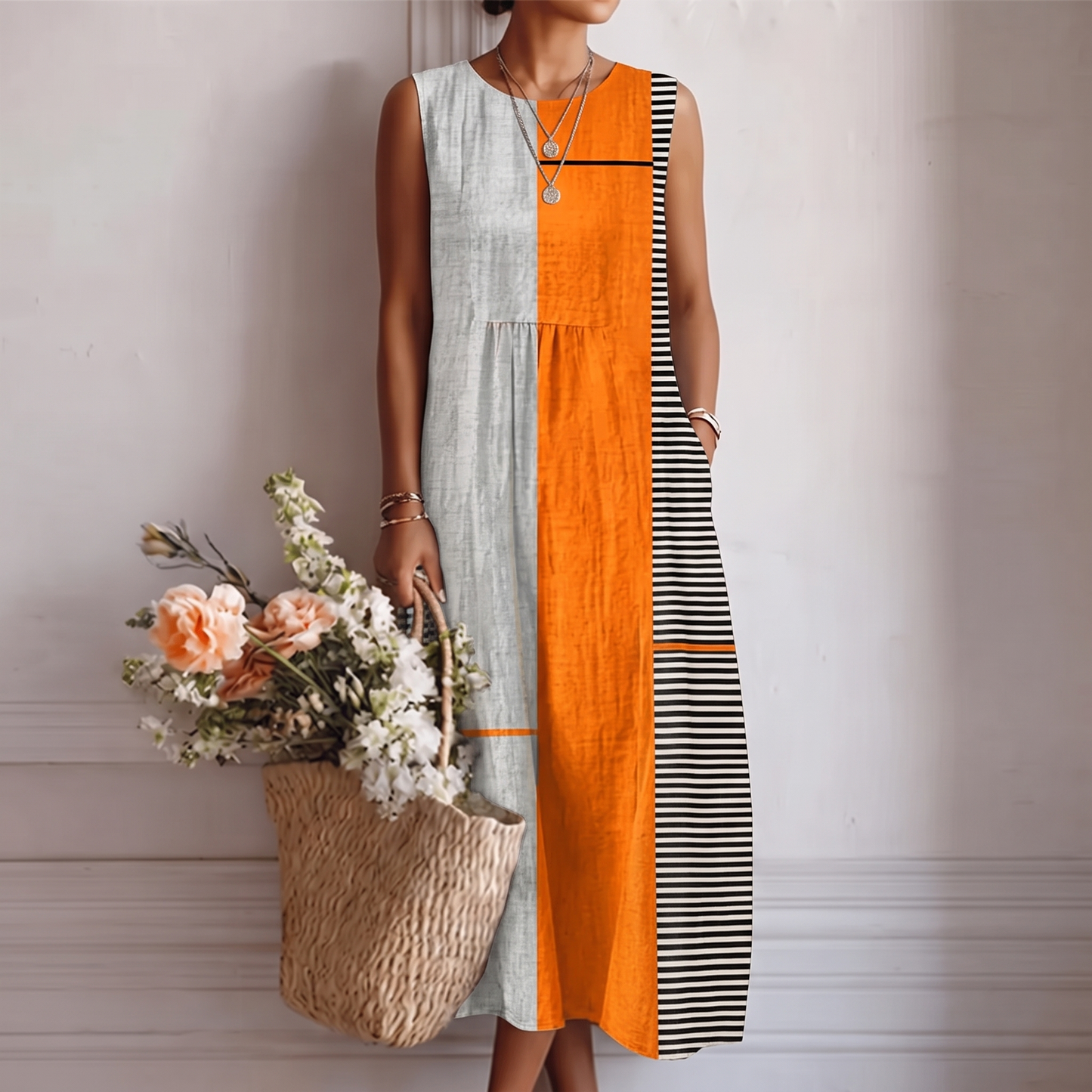 Robe midi Femme Sans Manches Coupe Droite Rayures - PanierRoyale