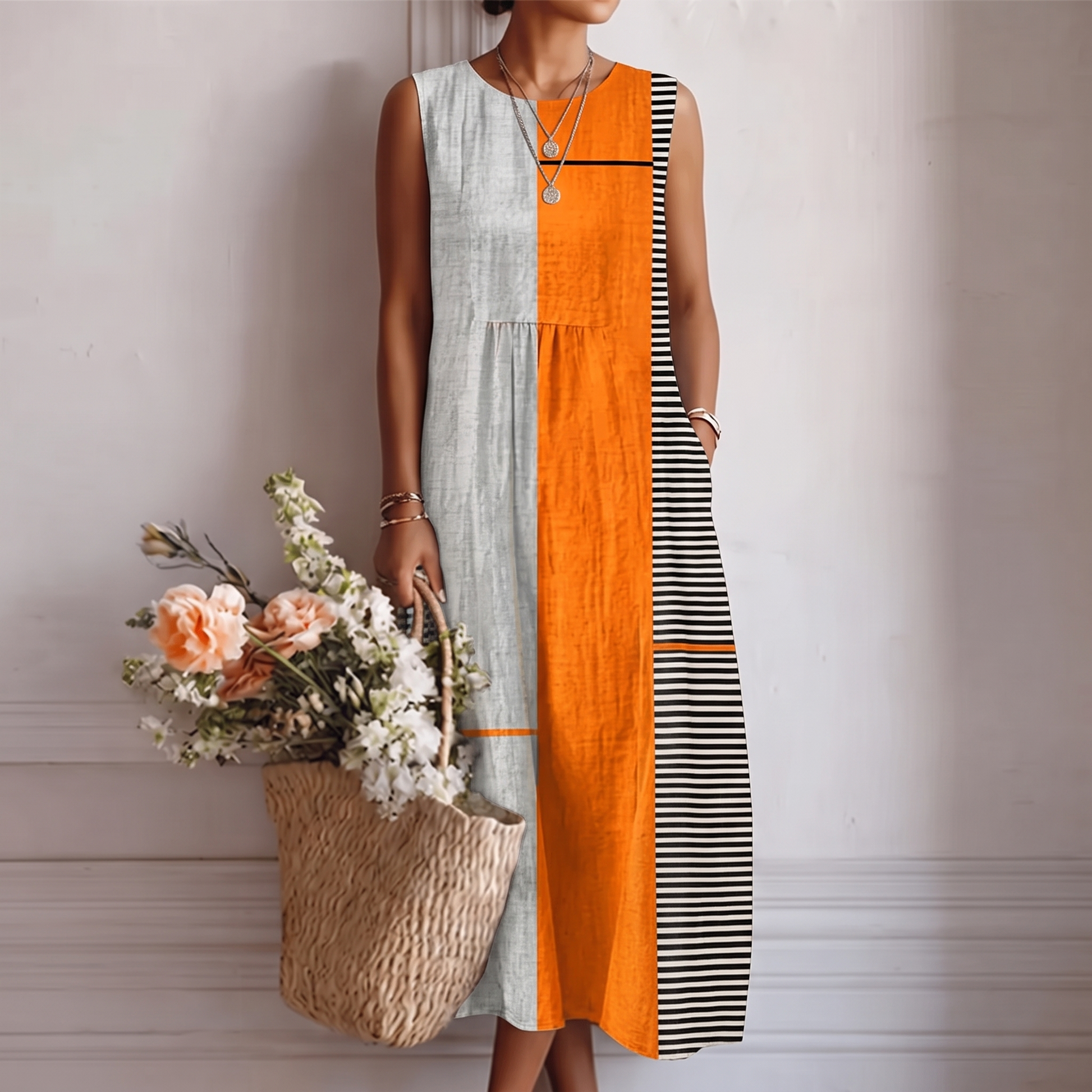 Robe midi Femme Sans Manches Coupe Droite Rayures - PanierRoyale