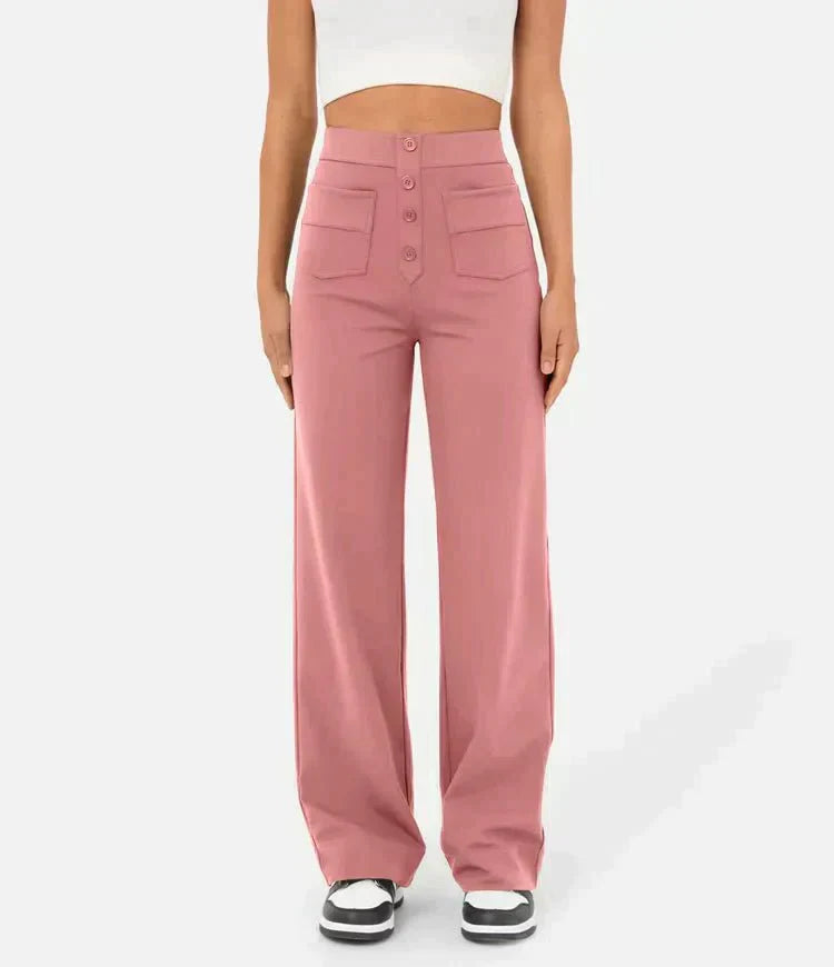 Pantalon Femme Noir Élégant à Boutons de Luxe