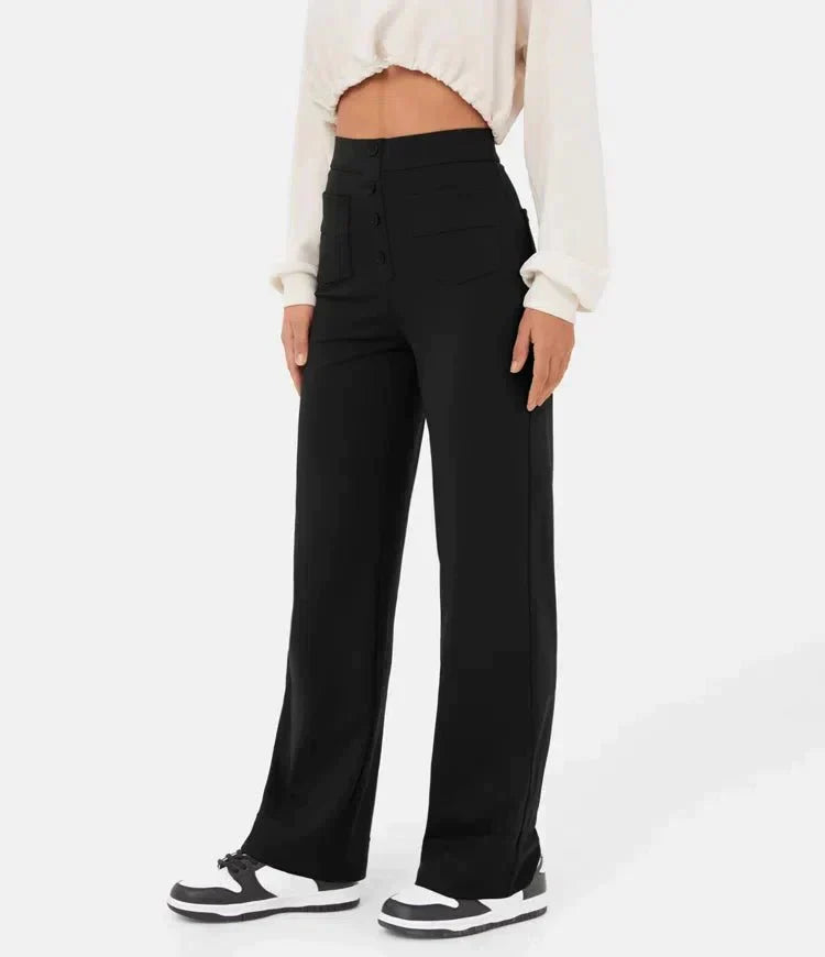 Pantalon Femme Noir Élégant à Boutons de Luxe