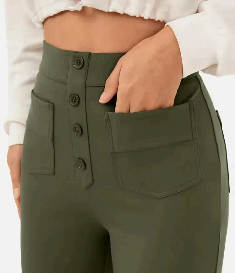 Pantalon Femme Noir Élégant à Boutons de Luxe