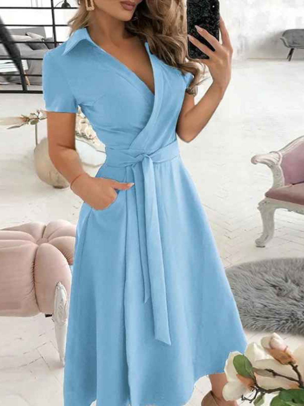 Robe Femme Chic avec Ceinture et Manches Courtes pour Travail ou Loisirs