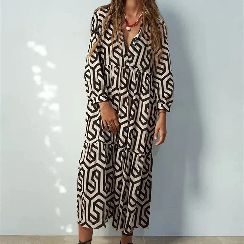 Robe Femme Longue Chic à Manches Longues Imprimé Géométrique