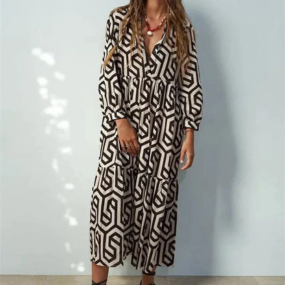 Robe Femme Longue Chic à Manches Longues Imprimé Géométrique